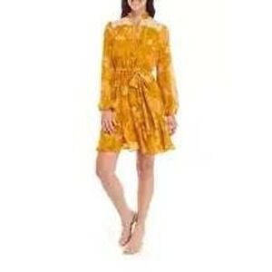 NWT $149 Tahari Mustard/Ivory Floral Print Lace Yoke Button Tie Waist Mini Dress